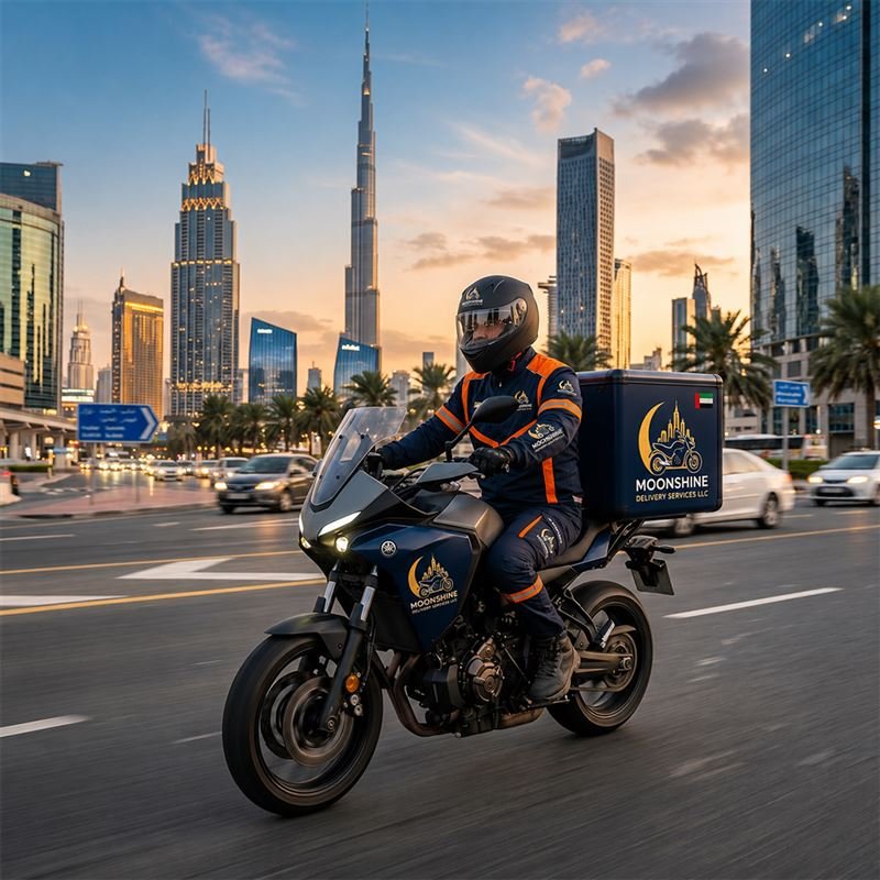 Professional bike rider delivering food on a motorcycle in Dubai